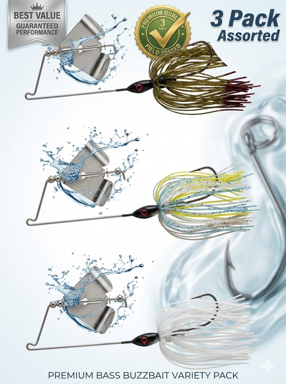 Carolina Ambush Baits Custom 3/8 oz Topwater Bass Fishing Buzzbait 3-Pack – Assorted Multi-Color Variety Pack with 3/0 Hooks