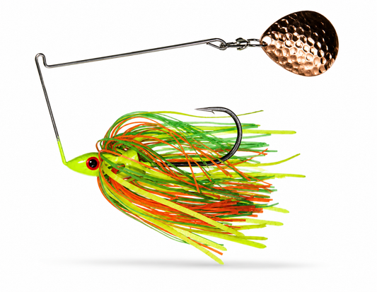 Custom Chartreuse, bright Orange, and deep Green Bass Spinnerbait 3/8 oz - Carolina Ambush Baits